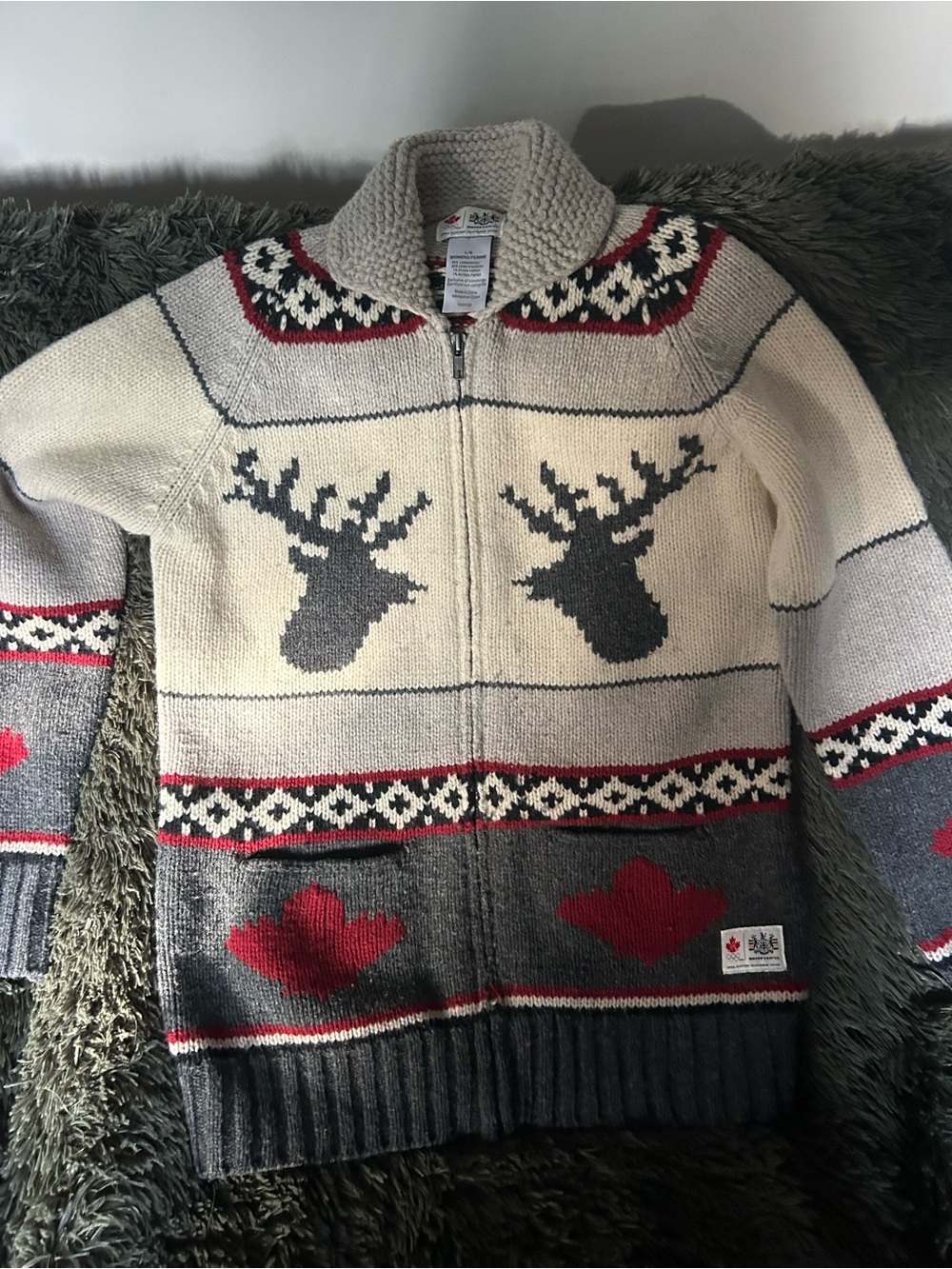 Women’s Hudson’s bay Olympic Zip-Front Moose Knit Sweater vintage